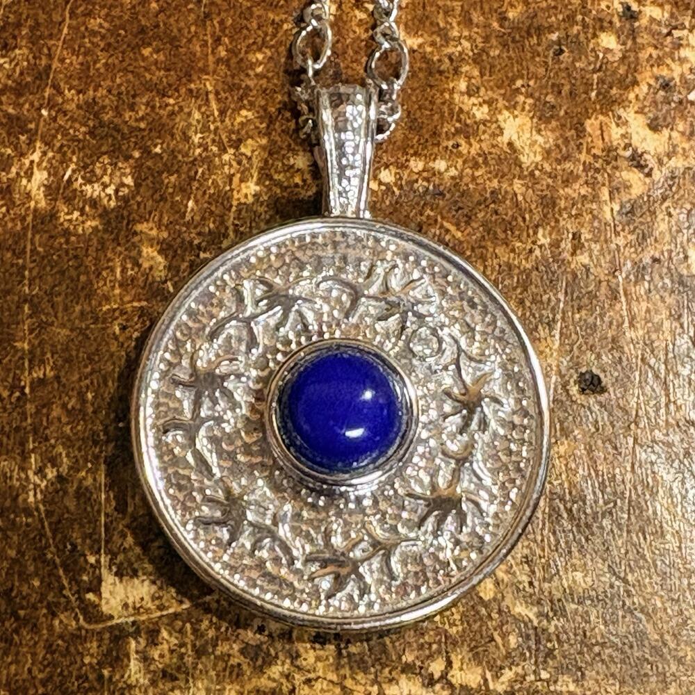 Sterling Silver and Lapis Necklace Ornate Design on Sterling Silver Chain 18 In